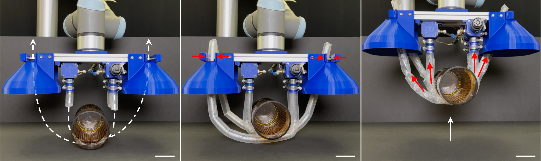 Three photos with overlayed arrows show the direction the vines as it picks up a glass vase.