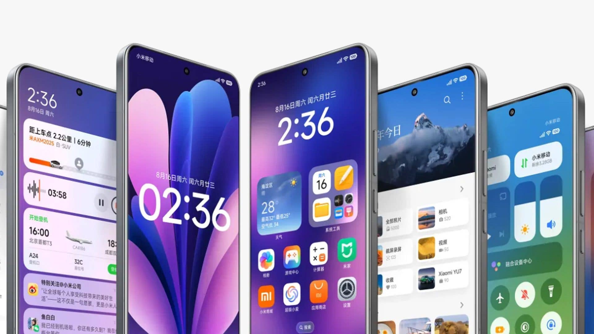 Multiple Xiaomi smartphones displaying various app interfaces and the time 02:36.