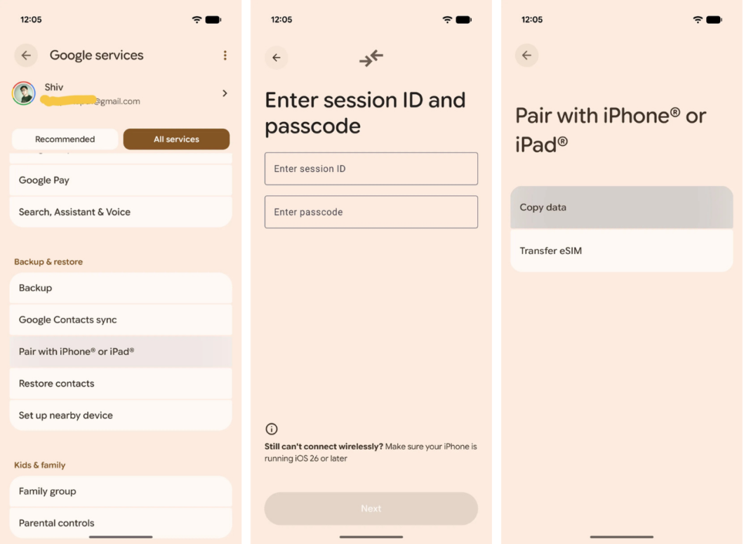 Captura de tela mostra uma nova função no Android, em testes, que permite transferir dados para o iPhone
