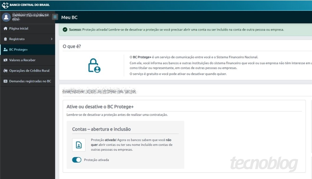 BC Protege+ ativado no site Meu BC