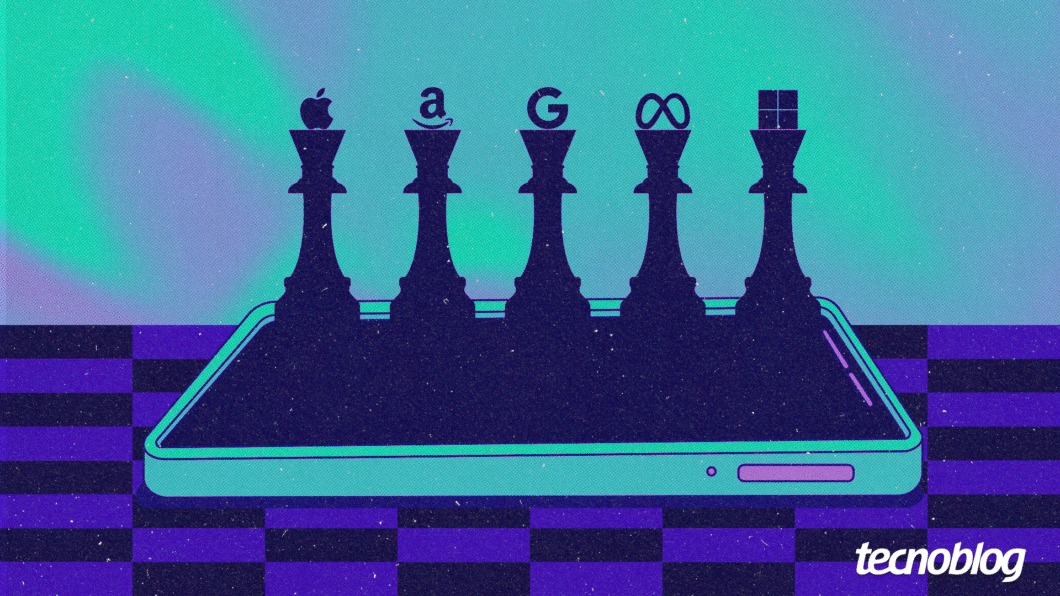 Arte sobre a big techs mostra o logo das principais empresas do setor saindo da tela de um celular como peças de xadrez 