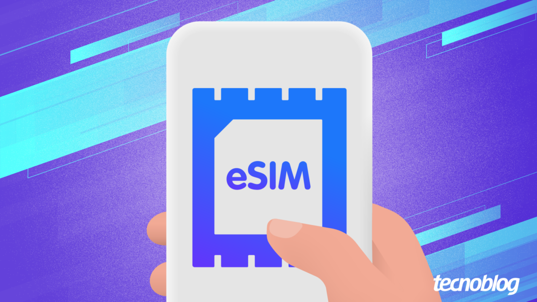 Ilustração de um celular segurado com a mão direita. Na tela, é exibida uma imagem em formato de chip de celular (retângulo com um chanfro) grafado com "eSIM"