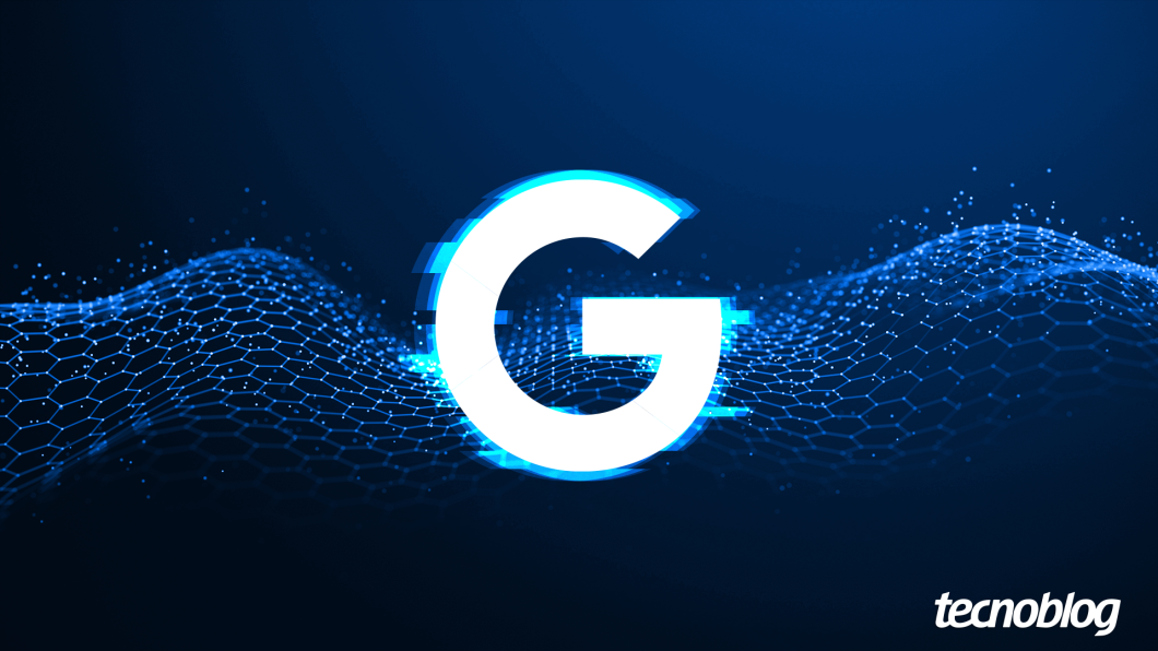 Ilustração mostra a marca "G" do Google ao centro, em fonte de cor branca, sobre um fundo de cor azul. Na parte inferior direita, há o logotipo do "tecnoblog".