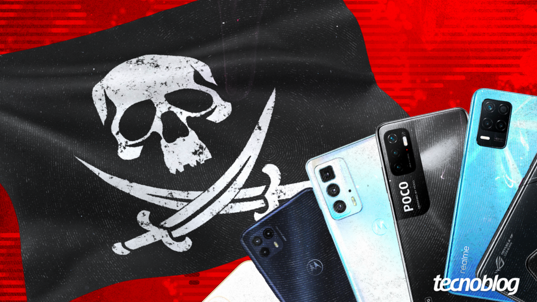 Imagem com fundo vermelho, em frente no canto direito modelos de celulares da Motorola, Xiaomi, realme e Asus.