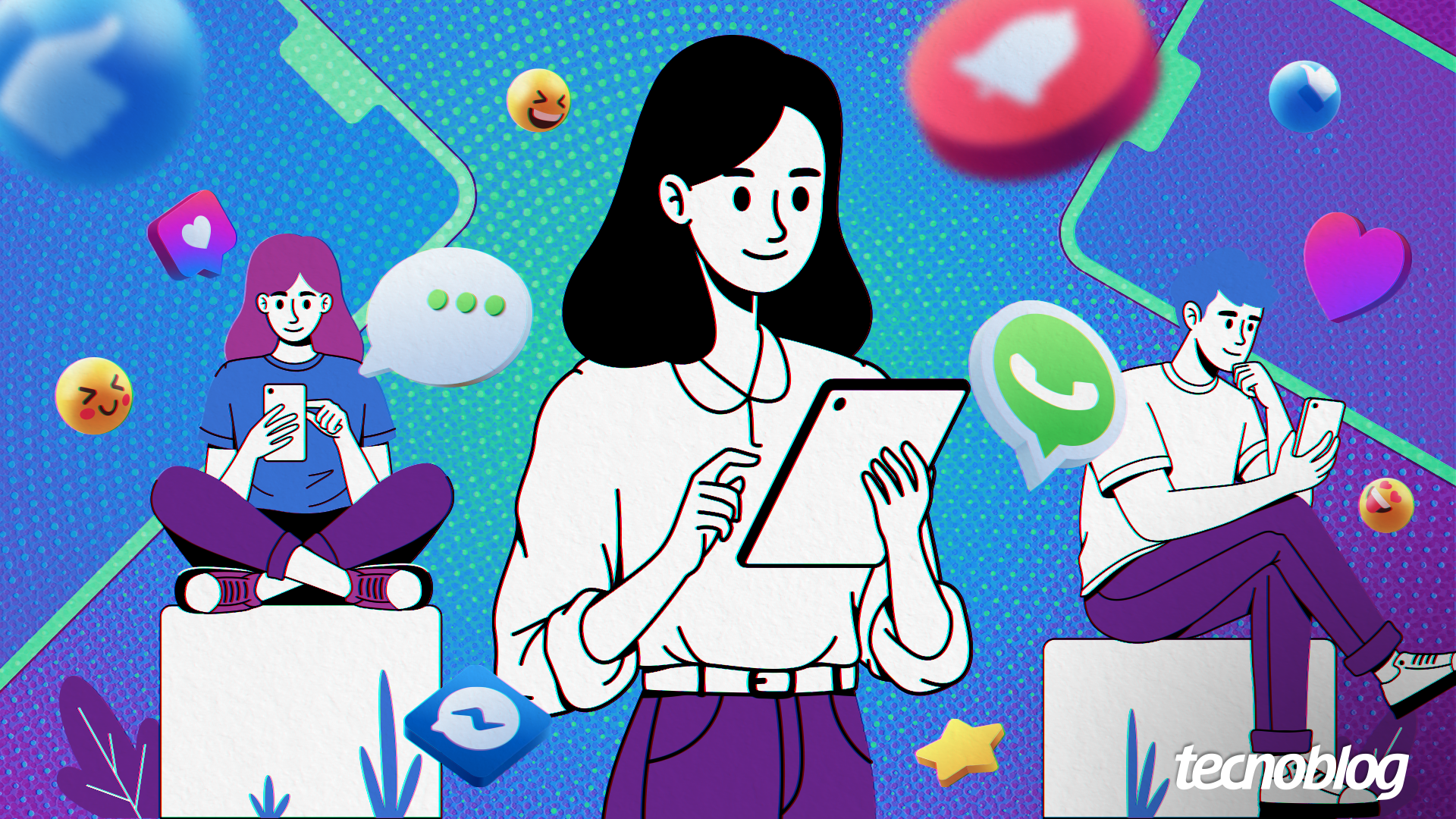 Ilustração de redes sociais mostra três pessoas com dispositivos móveis acessando as redes. Na parte inferior direita, o logotipo do "tecnoblog" é visível
