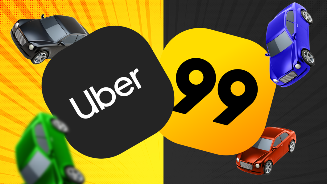 Logos dos aplicativos da Uber e 99 sobre fundos amarelo e preto, respectivamente, além de quatro carros em cores diversas