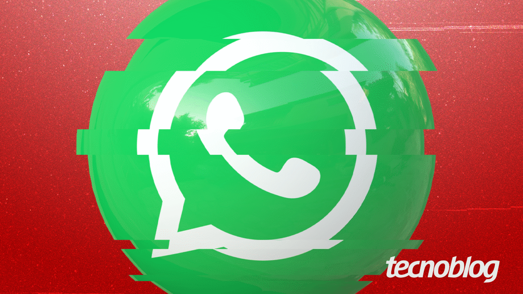 Ilustração mostra o logotipo do WhatsApp com um leve blur na imagem, em um fundo de cor vermelha. Na parte inferior direita, o logotipo do "tecnoblog" é visível.