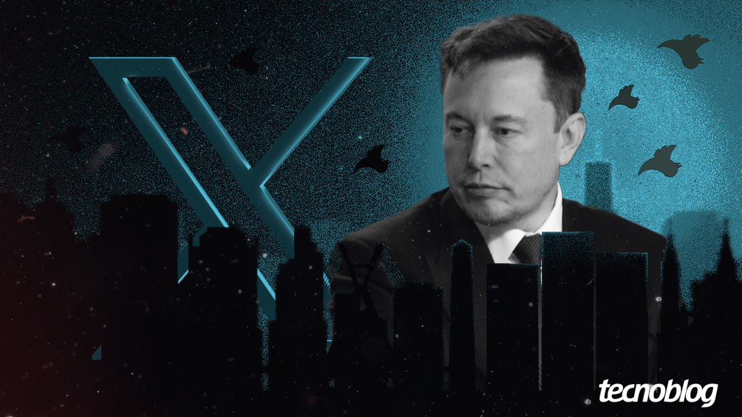 Ilustração composta por sombras de diversos prédios. Acima deles, Elon Musk observa a marca do aplicativo X.