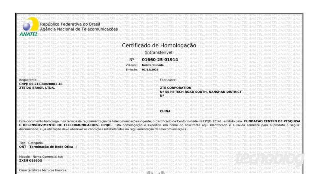 Captura de tela de parte do certificado de homologação do ZTE ZXEN G1660G na Anatel