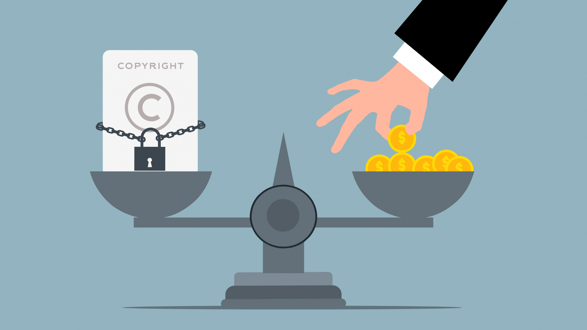 ilustração de uma balança com um arquivo copyright e moedas