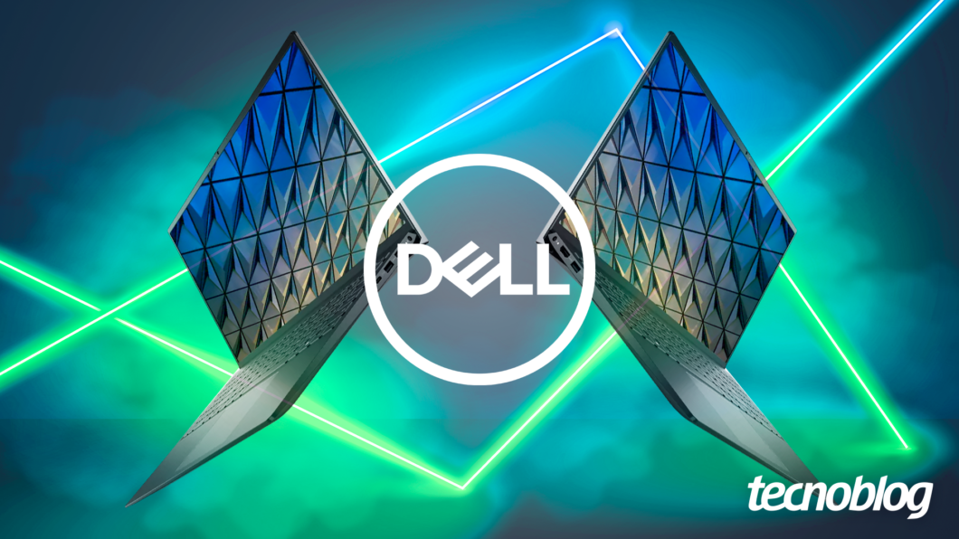 Ilustração com o logo da Dell ao centro, cercada por dois computadores da fabricante. Na parte inferior direita, o logotipo do "tecnoblog".