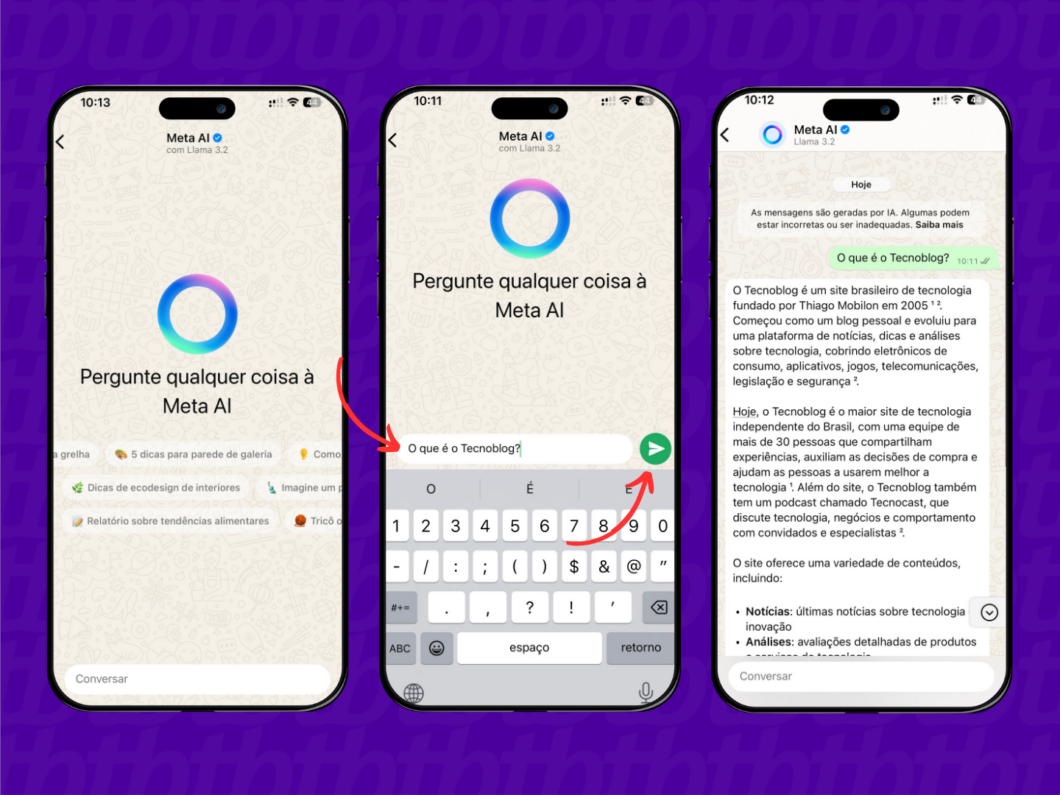 Imagem mostra a tela de um iPhone aberta no aplicativo WhatsApp, recebendo perguntas no chat da Meta AI 
