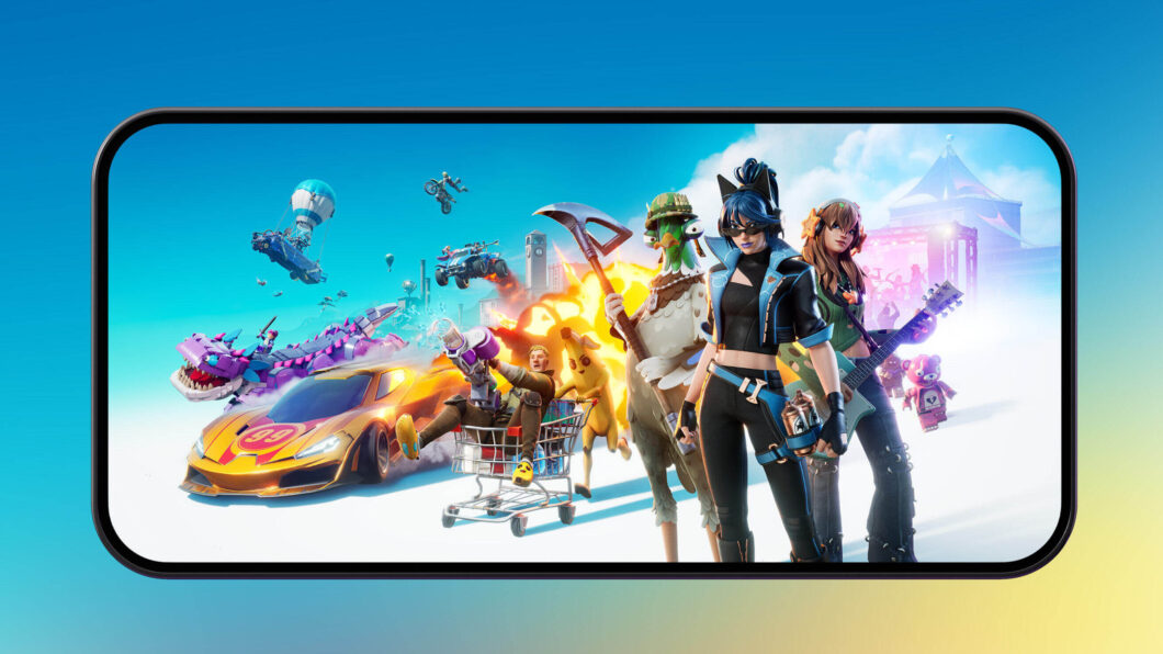 Imagem de um celular exibindo a tela do jogo Fortnite com vários personagens e elementos coloridos. No centro, destaque para uma personagem feminina com roupas pretas e azuis, um personagem em um carrinho de supermercado, um personagem vestido de frango e outros personagens com armas e instrumentos musicais. Ao fundo, há um carro esportivo amarelo, um dragão roxo e veículos voadores. Fundo gradiente azul e amarelo.