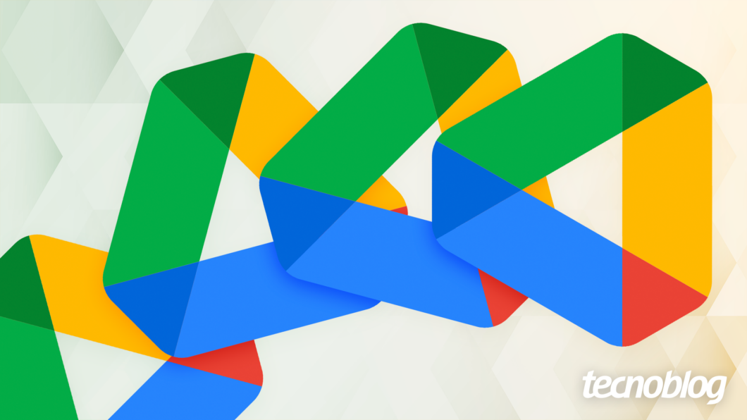 Ilustração mostra quatro logos do Google Drive formando uma espiral horizontal. Na parte inferior direita, o logotipo do "tecnoblog" é visível. 