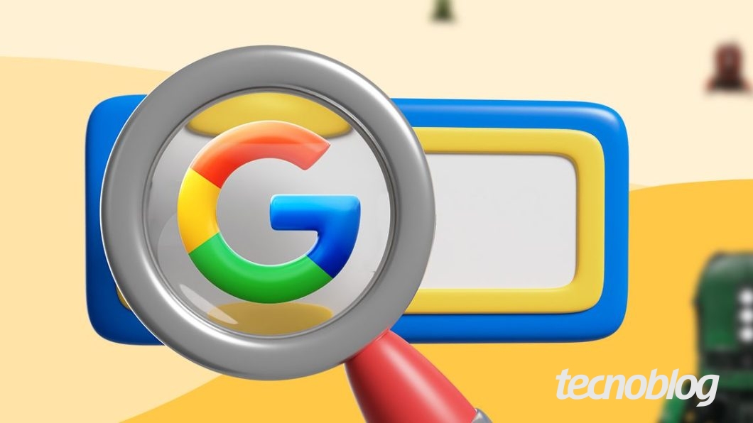Ilustração com uma lupa sobre uma caixa de busca. Atrás estão alguns robôs. Na parte inferior direita, o logotipo do "Tecnoblog" é visível.