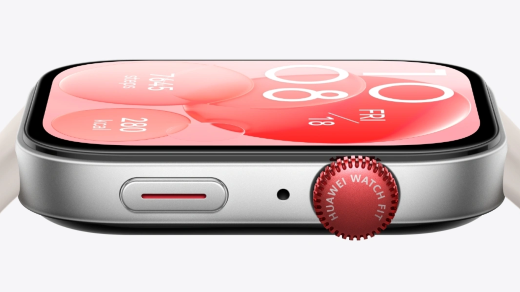 Huawei Watch Fit 3 visto lateralmente mostrando a tela e coroa giratória.
