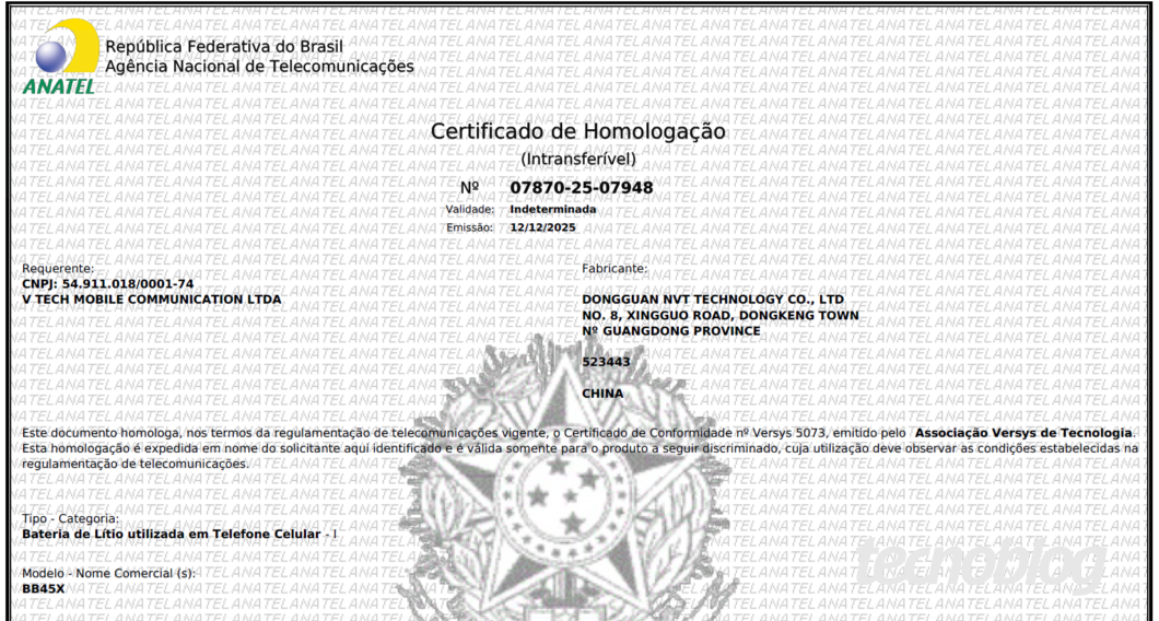 Certificado de homologação da bateria BB45X da Jovi