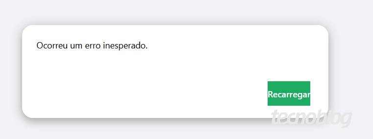 Print do WhatsApp Web com a mensagem "Ocorreu um erro inesperado" e um botão "Recarregar"