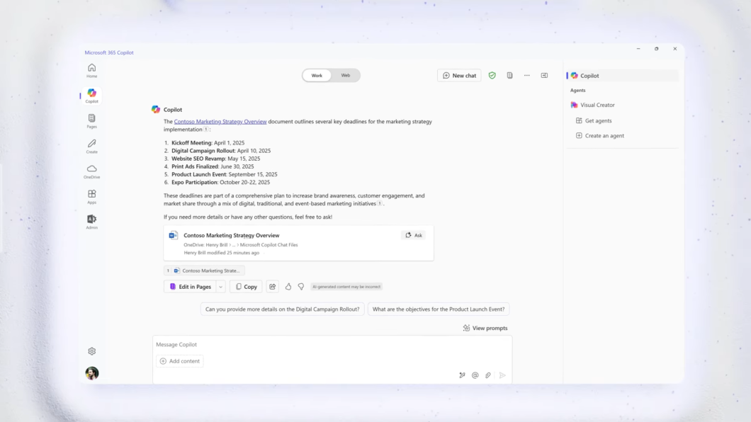 Interface do app Microsoft 365 Copilot