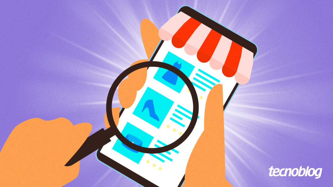 Ilustração mostra uma lupa sobre um celular com o marketplace aberto, indicando pesquisa de produtos