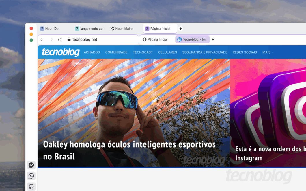 Interface do navegador Opera Neon com o site "tecnoblog.net" aberto. A aba mostra uma reportagem com o título "Oakley homologa óculos inteligentes esportivos no Brasil" e uma foto de um homem usando óculos escuros. Acima, há barras de abas duplas — “Neon Do”, “lançamento aplicativo”, “Neon Make” e “Página inicial” — ilustrando o sistema de tarefas e abas do navegador.