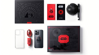 Itens da caixa do Reno14 F Edição Especial Star Wars - Lado Sombrio Itens da caixa do Reno14 F Edição Especial Star Wars - Lado Sombrio