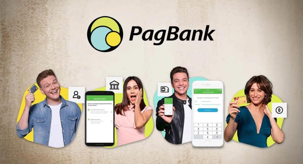 Símbolo do PagBank e celulares exibindo o app do serviço logo abaixo