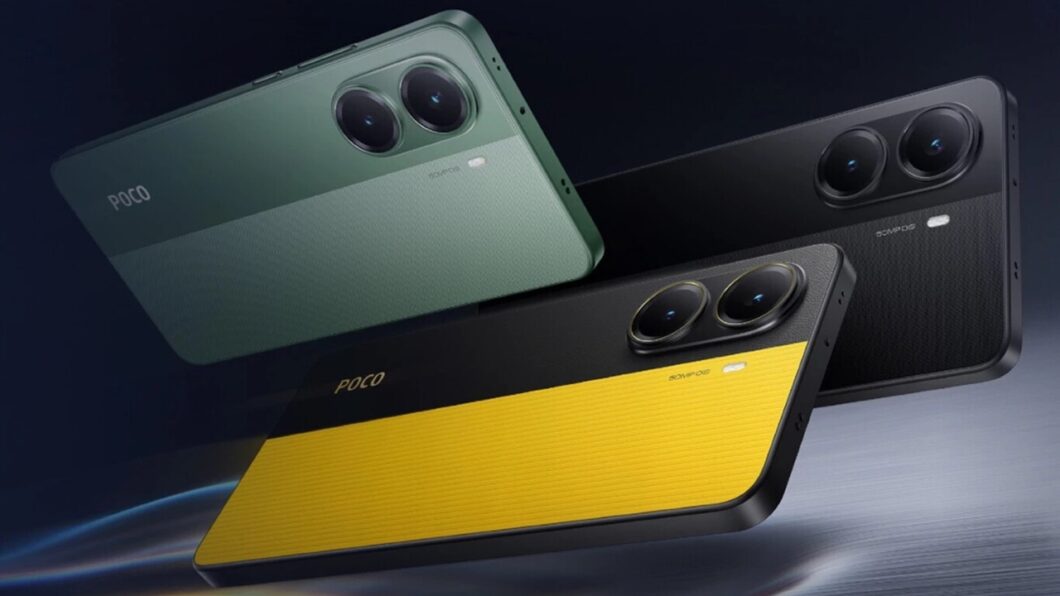 Imagem colorida mostra três modelos de celulares Poco X7 Pro da Xiaomi nas cores verde, preto e amarelo e inteiramente preto.