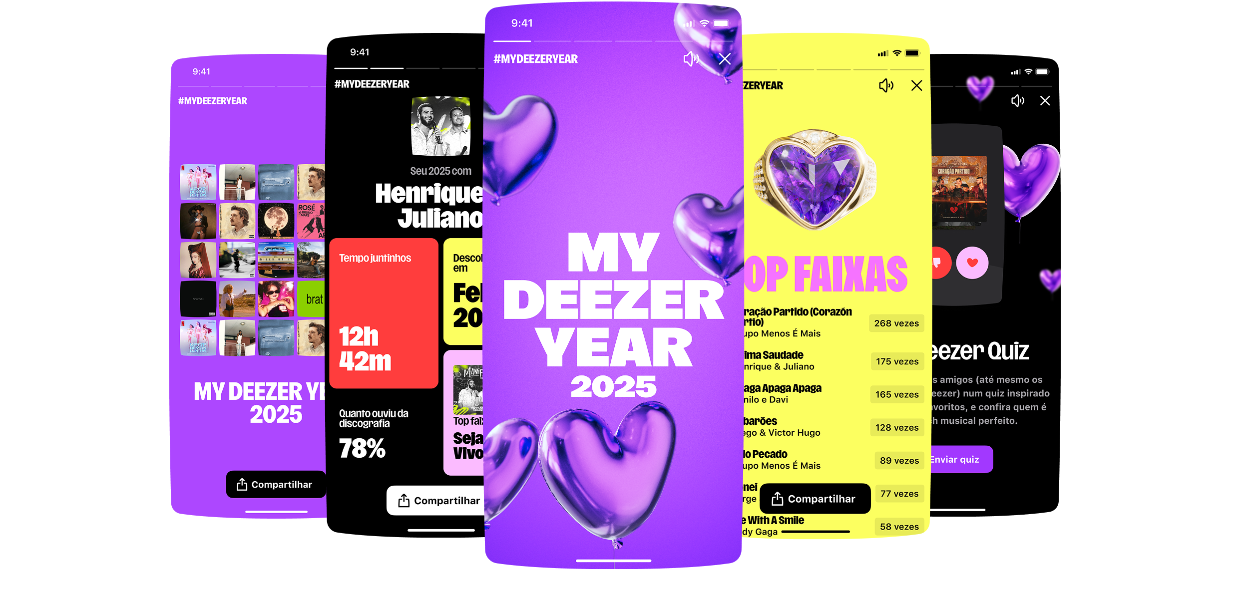 Montagem de múltiplas telas de smartphone exibindo o resumo musical anual "My Deezer Year 2025". As telas são em grande parte roxas ou amarelas e focam em estatísticas pessoais, como tempo de escuta, artistas mais ouvidos, playlists e um Deezer Quiz. O destaque é a tela central com o título "MY DEEZER YEAR 2025" cercado por balões de coração roxos. O logotipo do Deezer está centralizado abaixo da montagem.