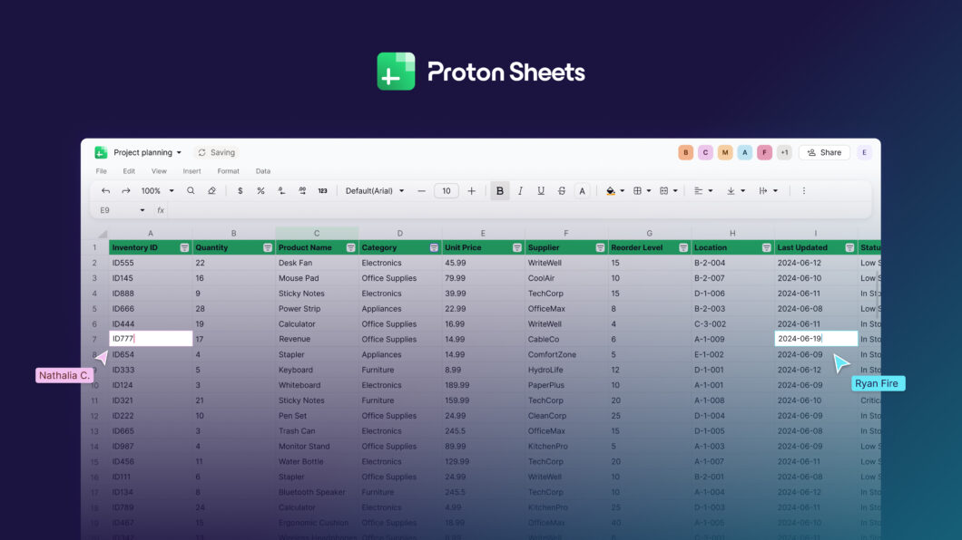 Serviço de planilhas Proton Sheets