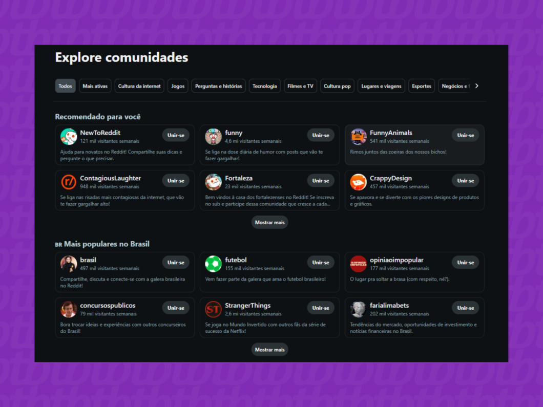 captura de tela da página de comunidades populares