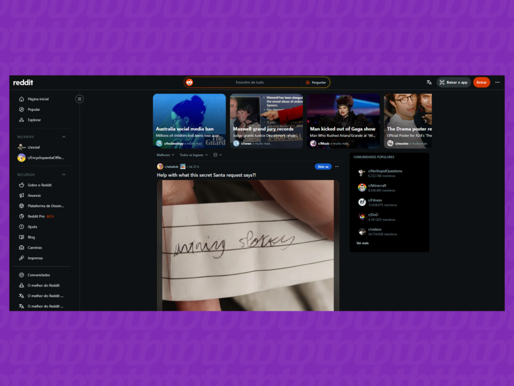 captura de tela da página inicial do Reddit