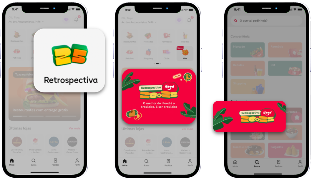 Imagem mostra três telas de celular com a interface do iFood destacando a “Retrospectiva 2025”. À esquerda, o ícone “25 Retrospectiva”. No centro e à direita, cards vermelhos com o texto “Retrospectiva iFood 2025 — O melhor do iFood é o brasileiro. E ser brasileiro”, acompanhados de ilustrações de folhas e comidas.