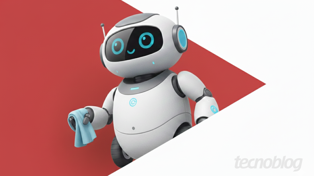 Imagem ilustrativa mostra um robô com um paninho azul no braço direito. Ele está sorrindo e é da cor branca. A imagem mostra um recorte vermelho e branco. Na parte inferior direita, a marca d'água do "tecnoblog" é visível.