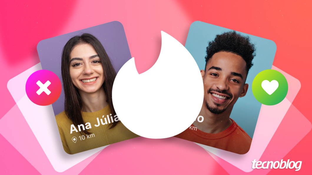 Ilustração sobre o tinder mostra duas pessoas, com um X à esquerda e um coração à direita. Na parte inferior direita, o logotipo do "tecnoblog" é visível. 