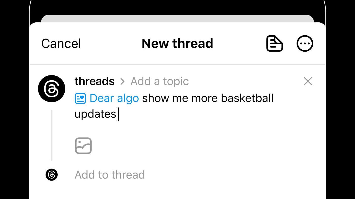 Tela do aplicativo Threads mostrando a criação de um novo post. No topo, aparecem os botões “Cancel” e o título “New thread”. A conta “threads” escreve o comando “Dear algo show me more basketball updates”. Abaixo do texto há o ícone de imagem para adicionar mídia, o botão “Add to thread” e, no canto inferior direito, o botão “Post”.