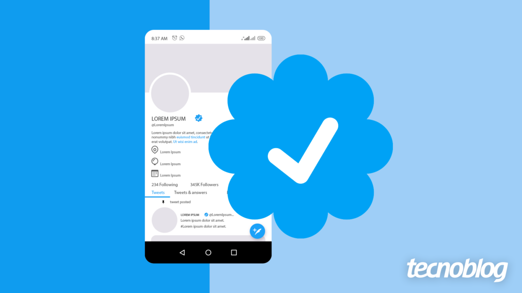 Ilustração mostra um selo de verificação do X/Twitter. Na parte inferior direita, o logotipo do "tecnoblog" é visível.