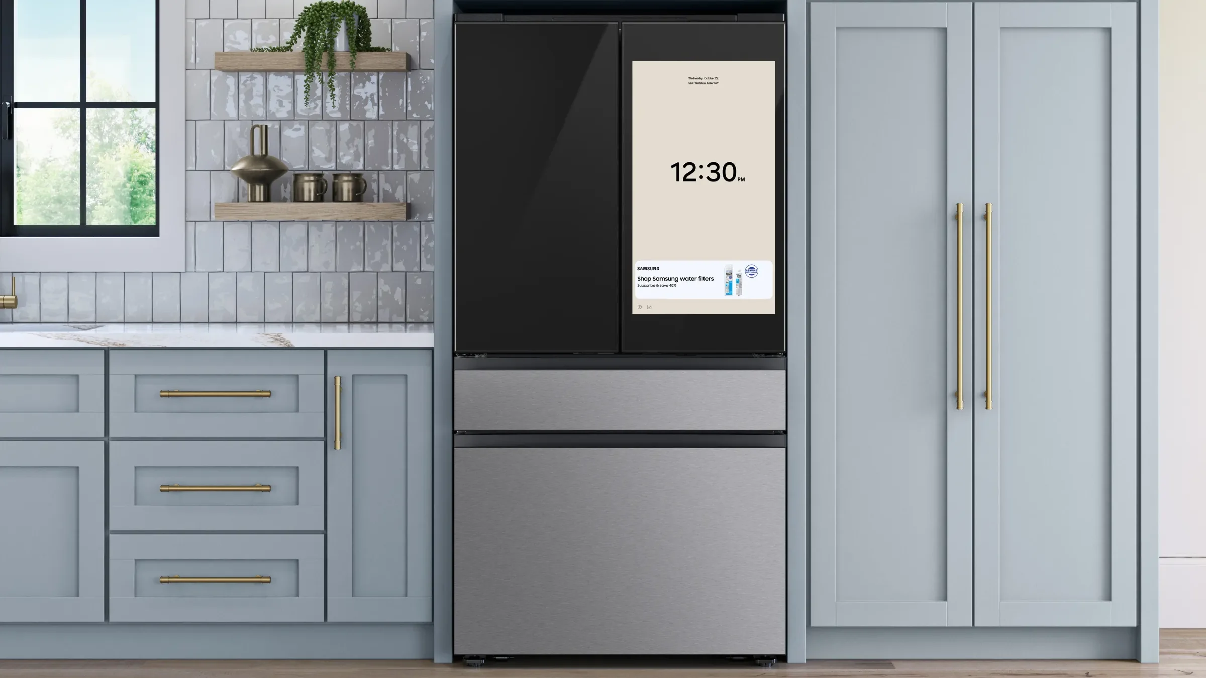 Imagem publicitária mostra uma geladeira Samsung com tela de publicidade