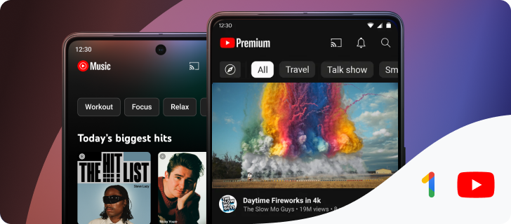 Imagem de divulgação mostra dois smartphones com o YouTube Premium aberto