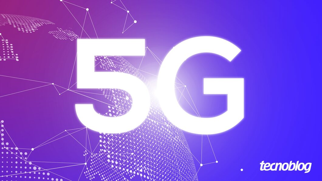 Ilustração mostra o número "5" e a letra "G" ao centro, em fonte de cor branca. Ao fundo, roxo e azul, está pontos de conexão brancos. Na parte inferior direita, o logotipo do "tecnoblog".