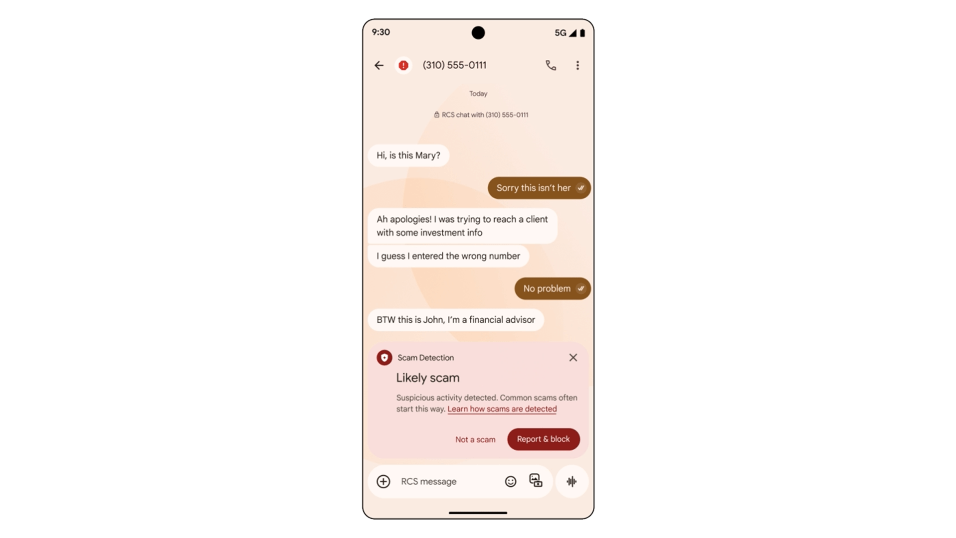 Chat interface showing a conversation about a wrong number with scam detection alert.