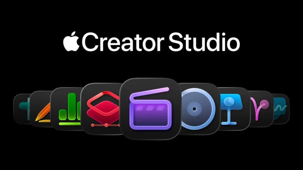 Imagem de divulgação mostra alguns ícones de apps da Apple em um fundo preto. Na parte superior, está escrito "Creator Studio", ao logo do logo da Apple, uma maçã mordida