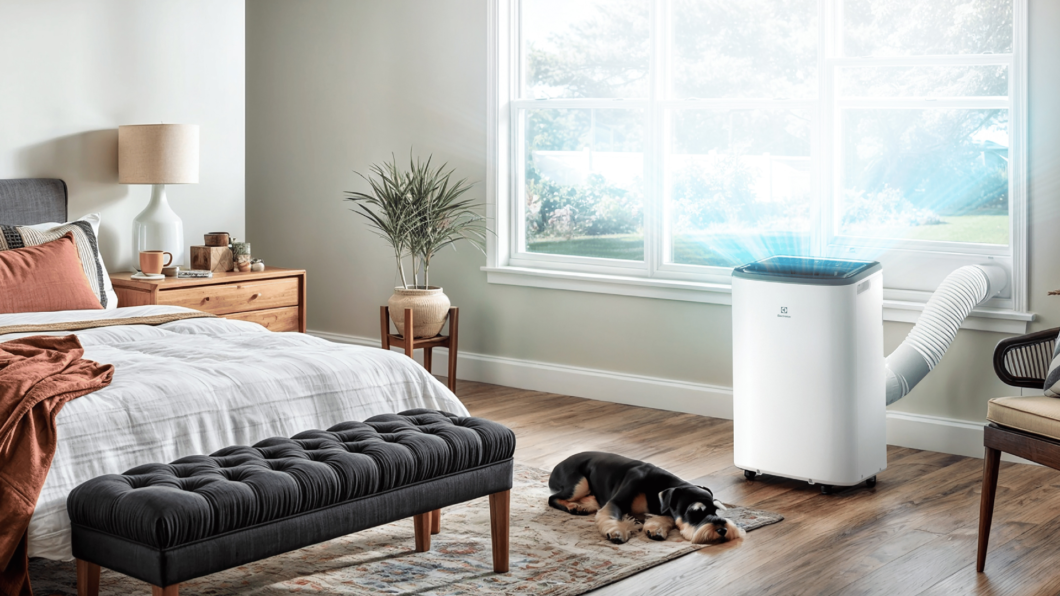 Ar-condicionado portátil Electrolux instalado em um quarto.