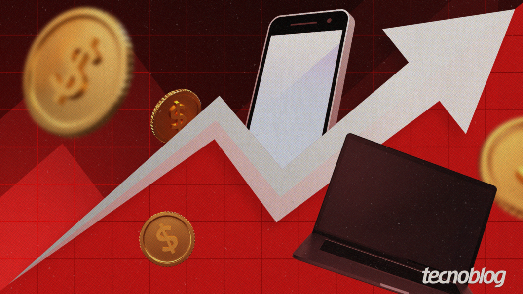 Ilustração mostra moedas, um celular e um notebook, em um gráfico de seta indicando aumento. Na parte inferior direita, o logotipo do "tecnoblog" é visível.