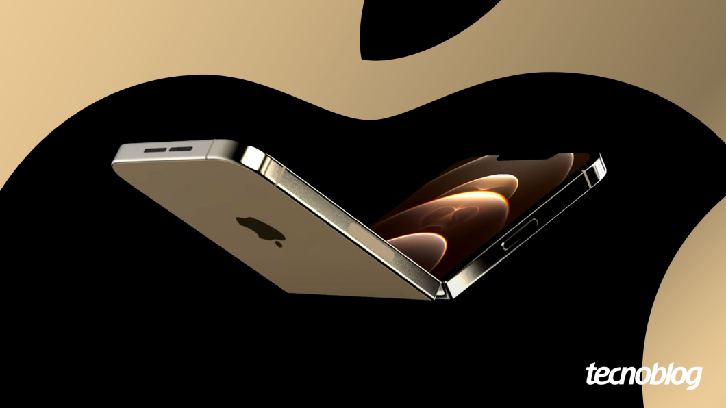 Ilustração mostra o conceito de um iPhone dobrando ao meio. Na parte inferior direita, o logotipo do "tecnoblog" é visível.