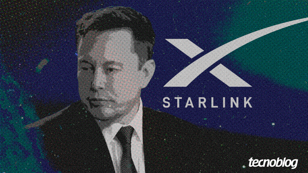 Foto em preto e branco de Elon Musk, ao lado da marca da Starlink. Na parte inferior direita, o logotipo do "tecnoblog"