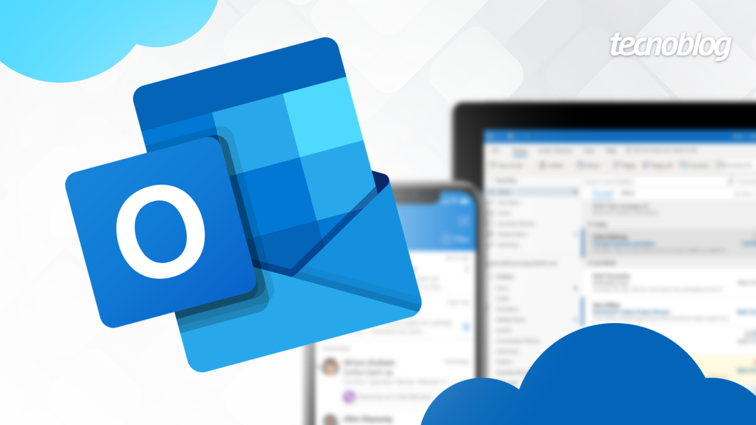 Ilustração apresenta o logotipo do Microsoft Outlook. Na parte superior direita, o logo do "Tecnoblog" é visível.