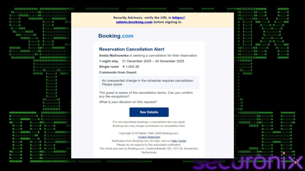 E-mail falso em nome do Booking.com