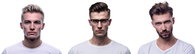 Three men in white t-shirts