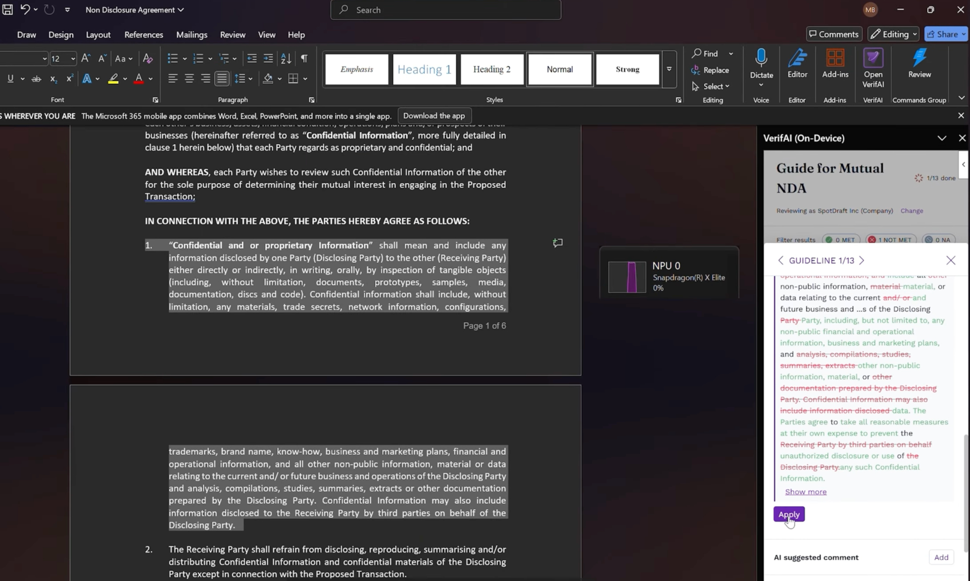 SpotDraft's VerifAI in Microsoft Word